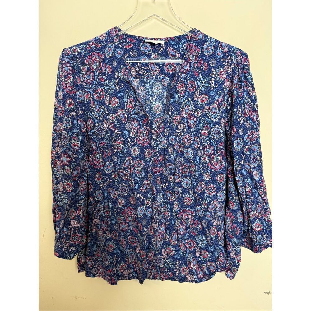 J.Jill Navy Floral Paisley Rayon Button Up Blouse Top XL Petite Boho Casual